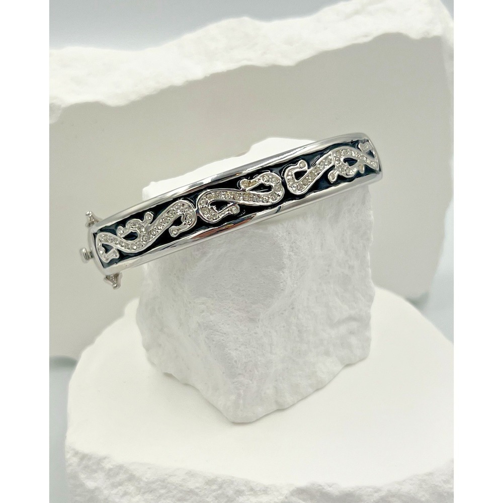 Lauren G Adams Bracelet Silver Toned Black Enamel & Crystal Hinged Bangle NWT